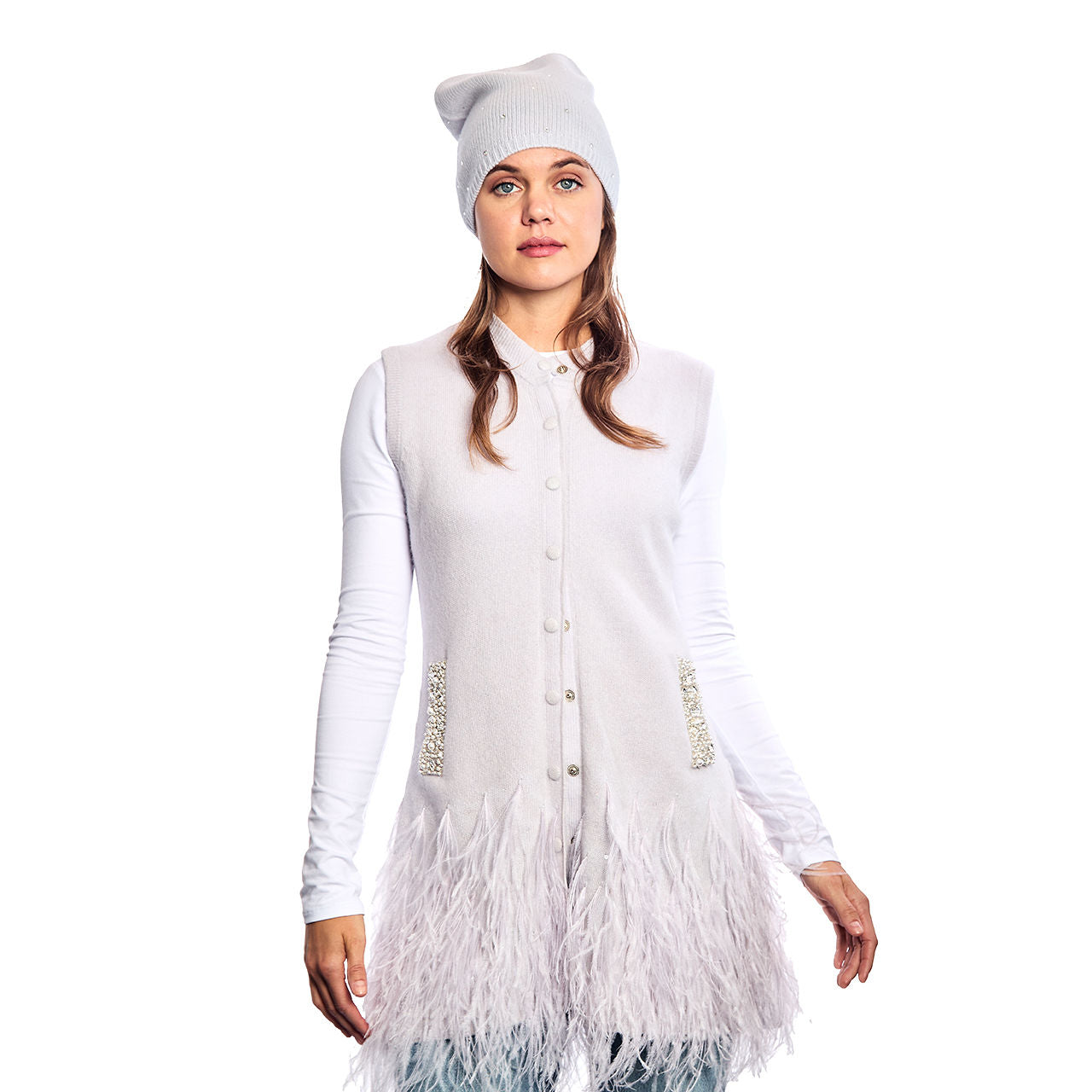 Cashmere Vest w. Embroidered Pockets & Feathers