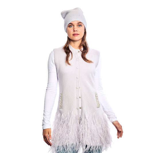 Cashmere Vest w. Embroidered Pockets & Feathers