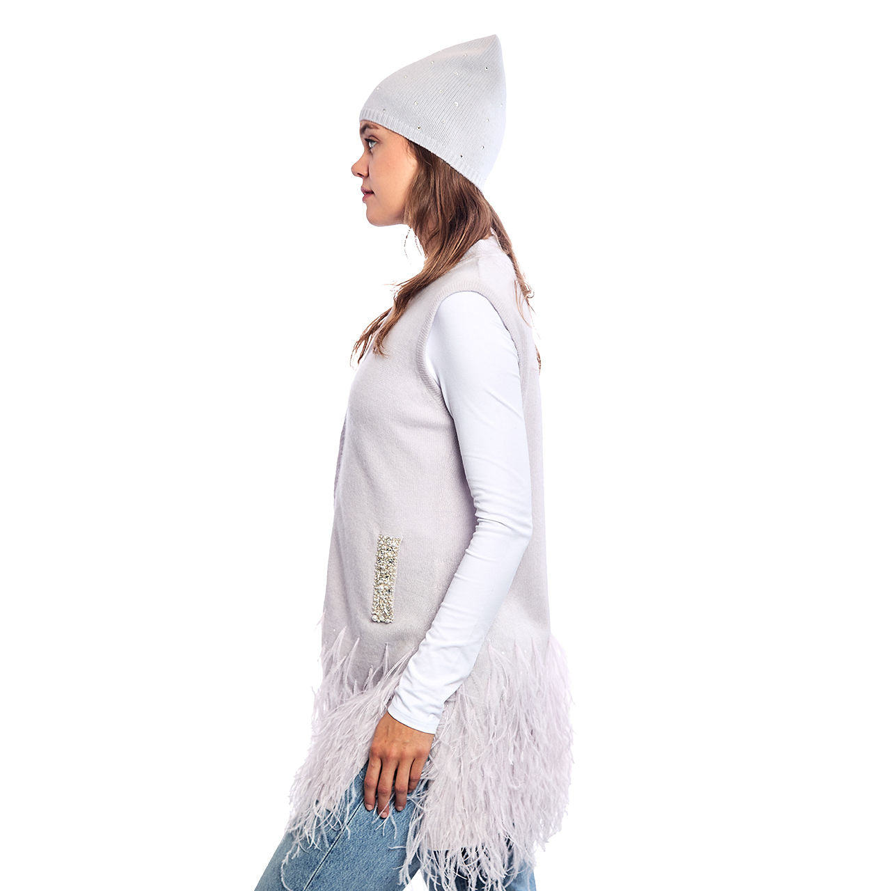 Cashmere Vest w. Embroidered Pockets & Feathers