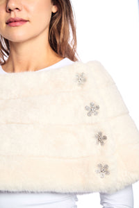 Faux Fur Emilia Shrug w. Flower Buttons - White