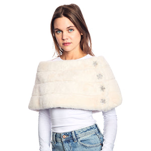 Faux Fur Emilia Shrug w. Flower Buttons - White