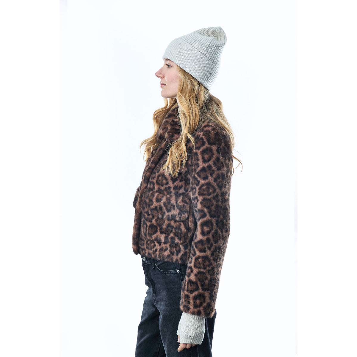Faux Fur Bomber with Collar and Patch Pockets- Leopard Print