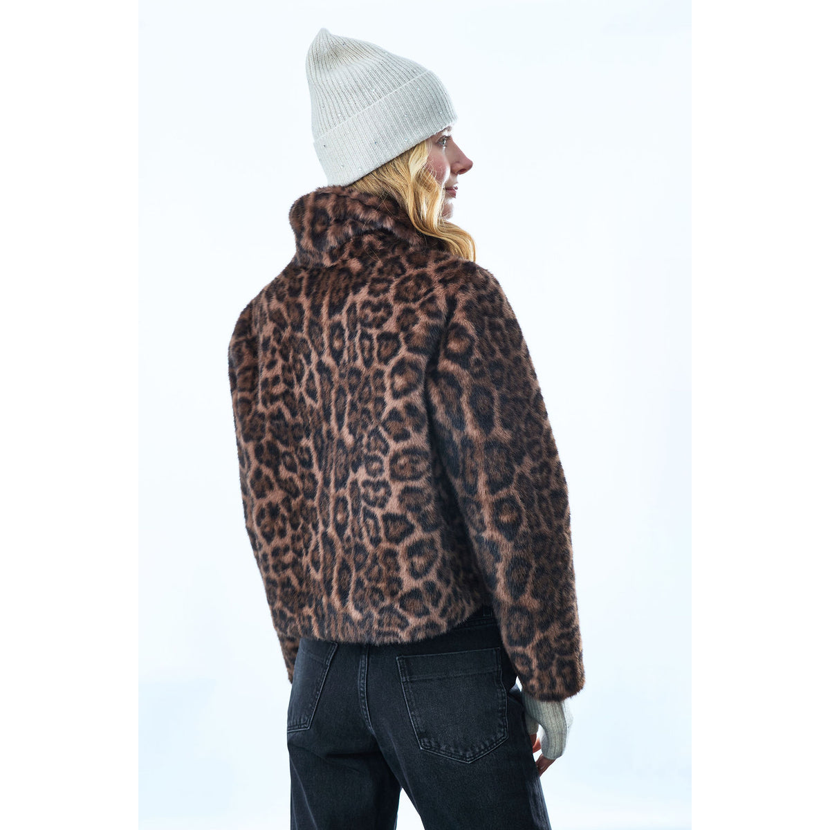 Faux Fur Bomber with Collar and Patch Pockets- Leopard Print