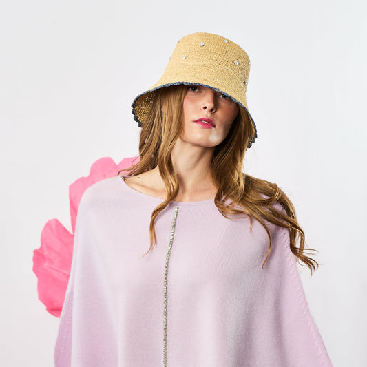 Summer Straw Hat w. Scattered Crystals - Natural with Blue Trim