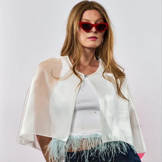 Hi Low Organza Open Front Cape w. Crystal Button - Off White