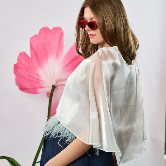 Hi Low Organza Open Front Cape w. Crystal Button - Off White