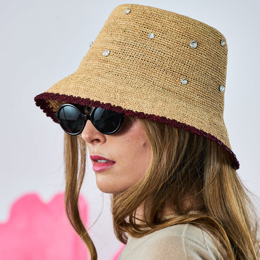 Summer Straw Hat w. Scattered Crystals - Natural with Burgundy Trim