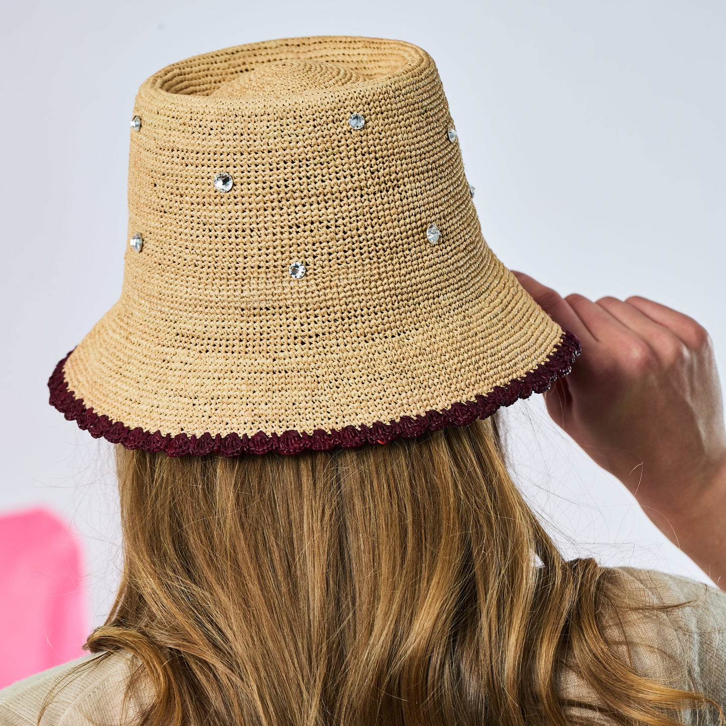 Summer Straw Hat w. Scattered Crystals - Natural with Burgundy Trim