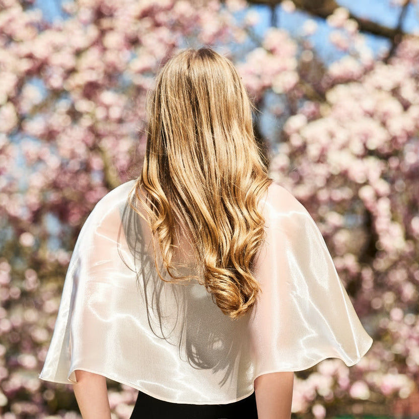 Hi Low Organza Open Front Cape w. Crystal Button - Champagne