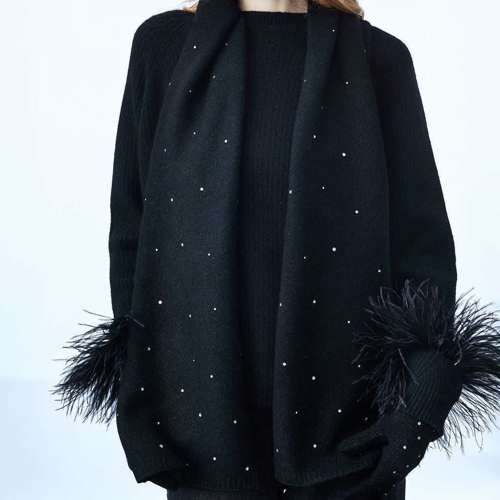 Long Cashmere and Lurex Scarf w. Scattered Crystals- Black