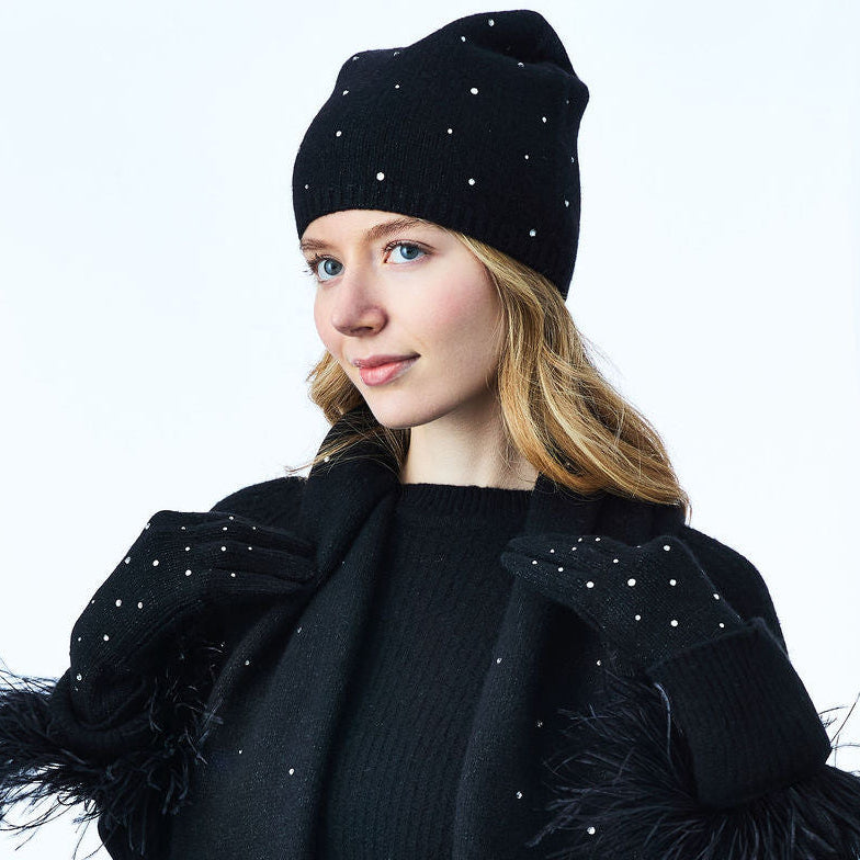 Cashmere & Lurex Long Slouchy Beanie w. Scattered Crystals- Black