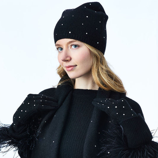 Cashmere & Lurex Long Slouchy Beanie w. Scattered Crystals- Black
