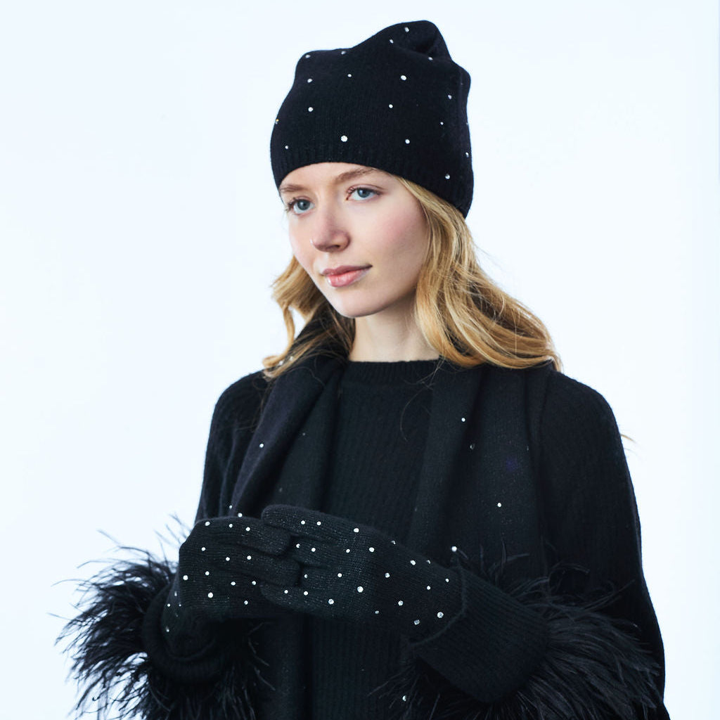 Cashmere Full Finger Gloves w. Lurex and Scattered Swarovski Crystals - Black