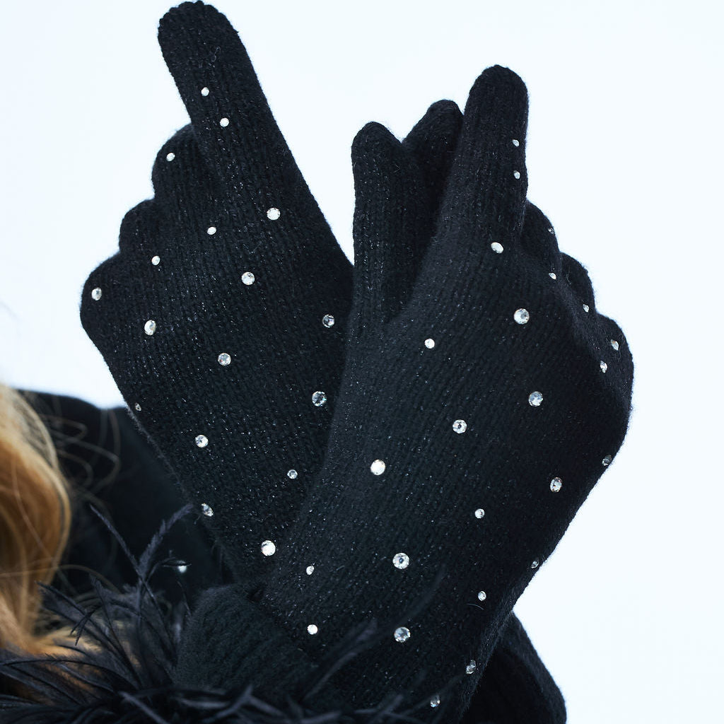 Cashmere Full Finger Gloves w. Lurex and Scattered Swarovski Crystals - Black