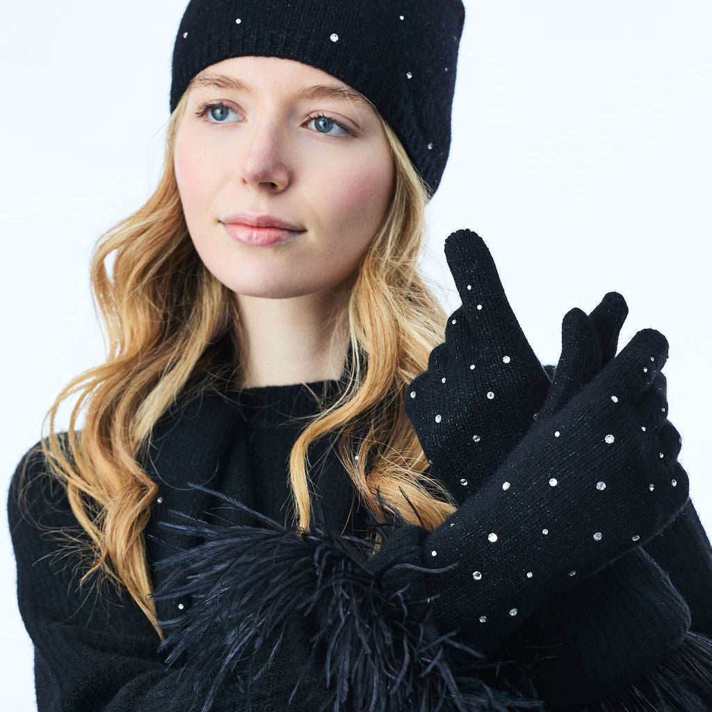Cashmere Full Finger Gloves w. Lurex and Scattered Swarovski Crystals - Black