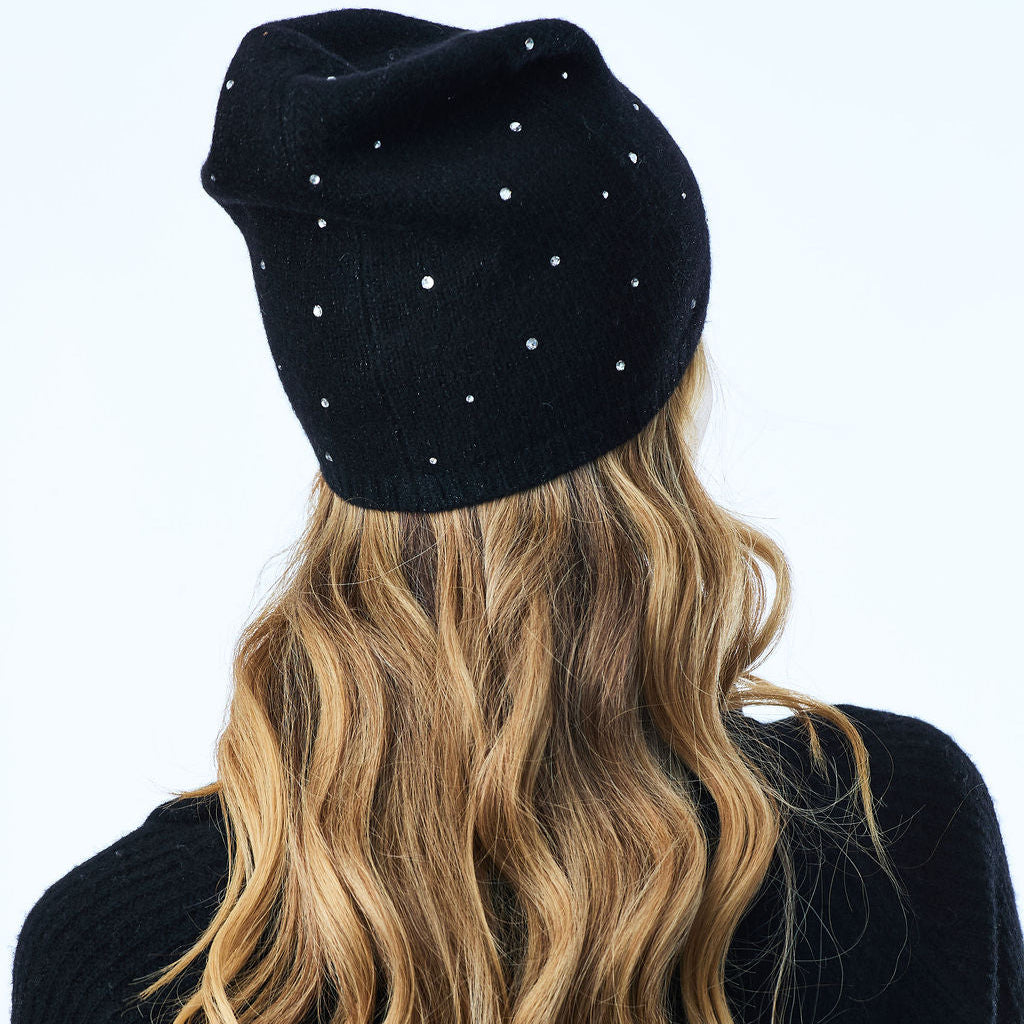 Cashmere & Lurex Long Slouchy Beanie w. Scattered Crystals- Black