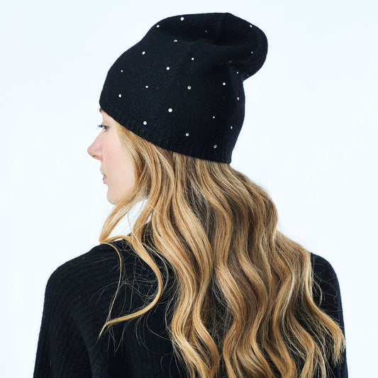 Cashmere & Lurex Long Slouchy Beanie w. Scattered Crystals- Black