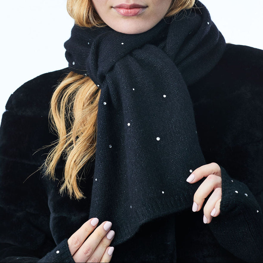 Long Cashmere and Lurex Scarf w. Scattered Crystals- Black