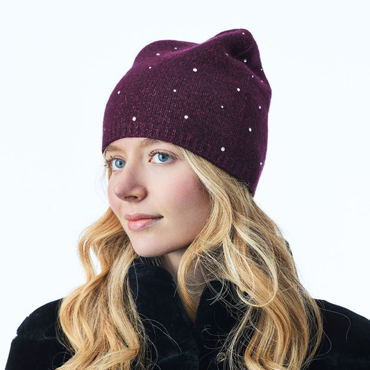 Cashmere & Lurex Long Slouchy Beanie w. Scattered Crystals- Black Currant