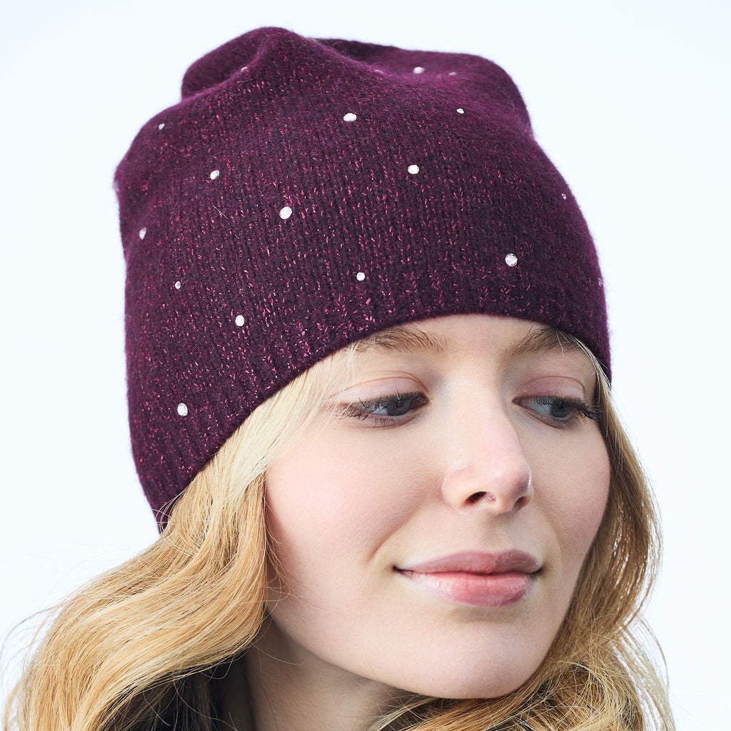 Cashmere & Lurex Long Slouchy Beanie w. Scattered Crystals- Black Currant