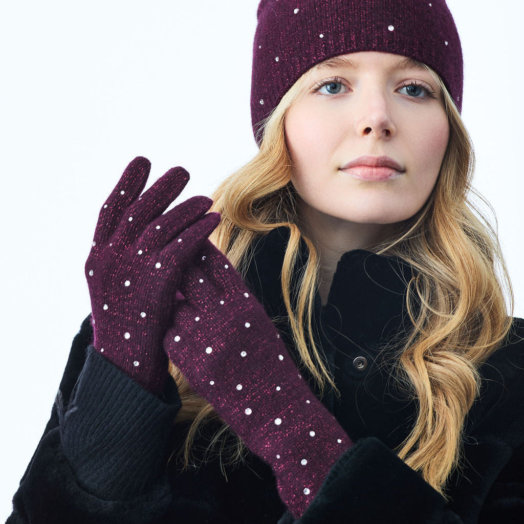 Cashmere Full Finger Gloves w. Lurex and Scattered Swarovski Crystals- Black Currant