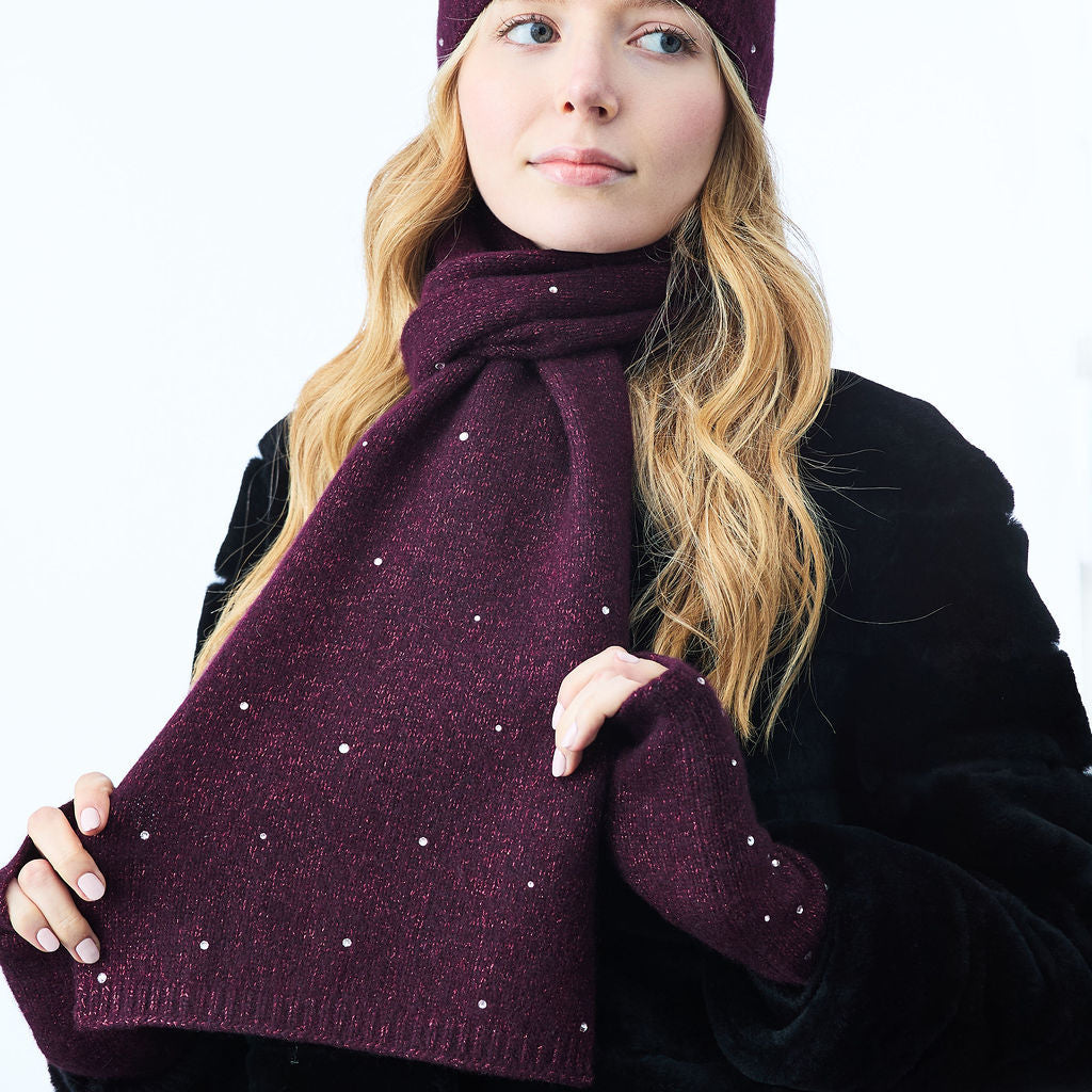 Long Cashmere and Lurex Scarf w. Scattered Crystals- Black Currant
