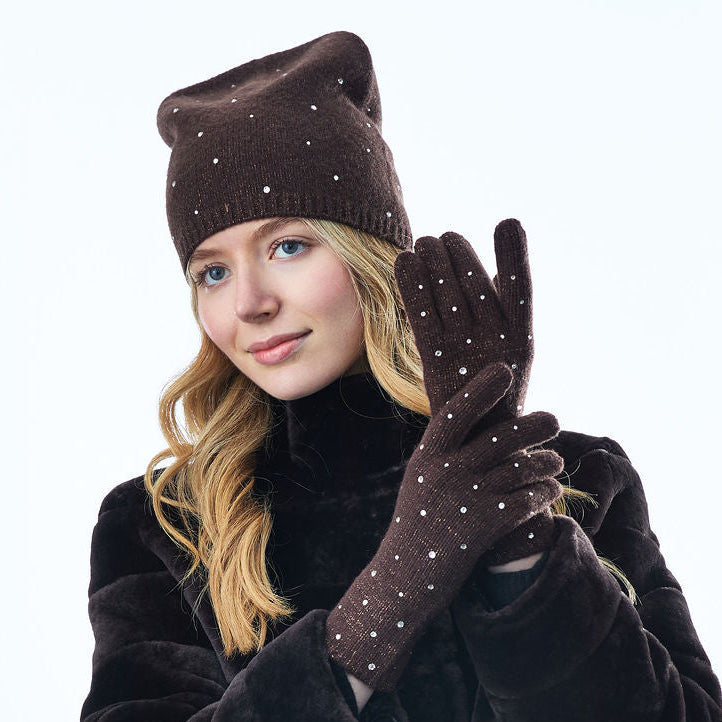 Cashmere Full Finger Gloves w. Lurex and Scattered Swarovski Crystals- Chocolate Brown