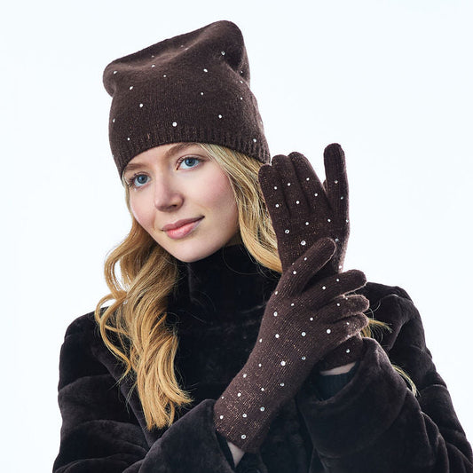 Cashmere Full Finger Gloves w. Lurex and Scattered Swarovski Crystals- Chocolate Brown