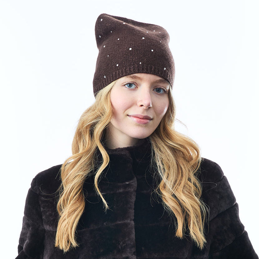 Cashmere & Lurex Long Slouchy Beanie w. Scattered Crystals- Chocolate Brown