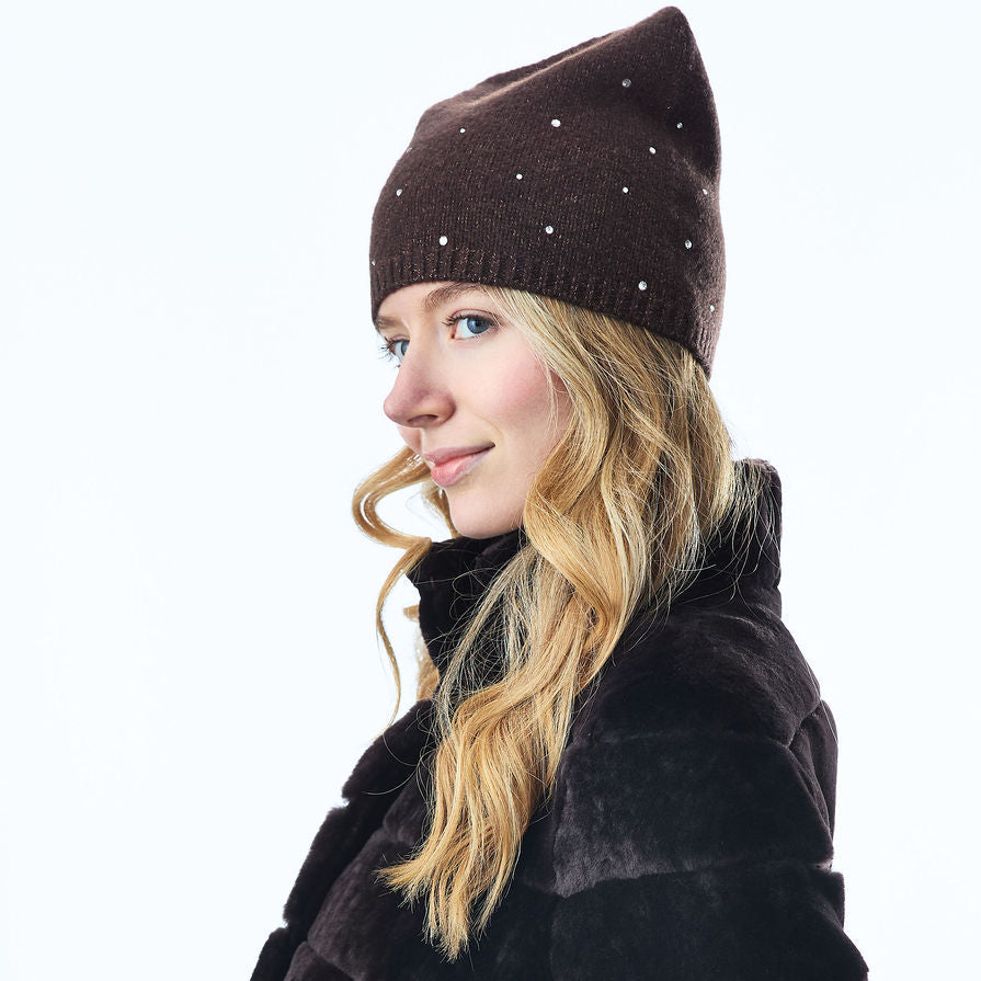 Cashmere & Lurex Long Slouchy Beanie w. Scattered Crystals- Chocolate Brown