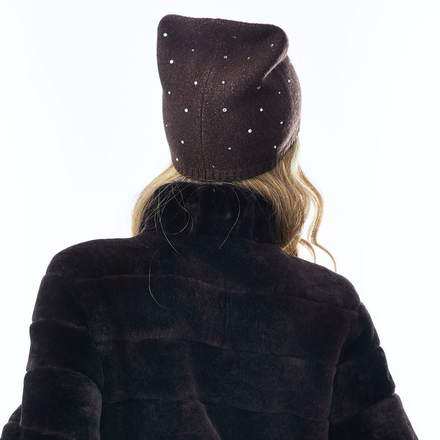 Cashmere & Lurex Long Slouchy Beanie w. Scattered Crystals- Chocolate Brown