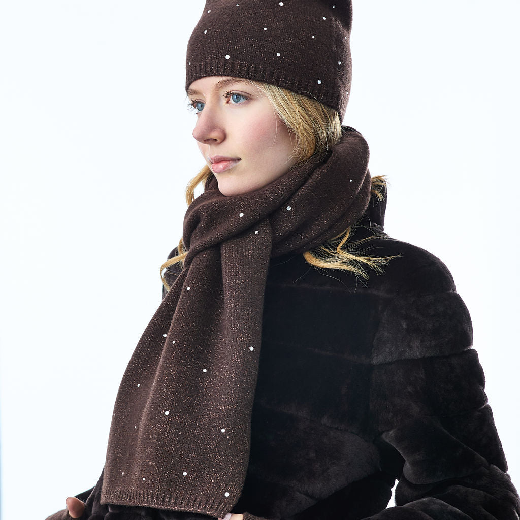 Long Cashmere and Lurex Scarf w. Scattered Crystals- Chocolate Brown