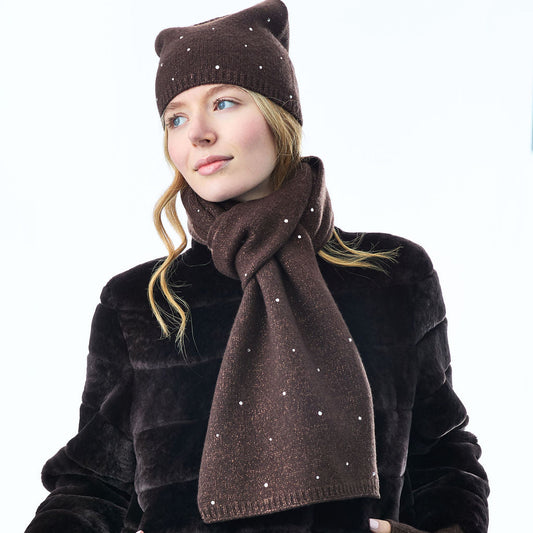 Long Cashmere and Lurex Scarf w. Scattered Crystals- Chocolate Brown