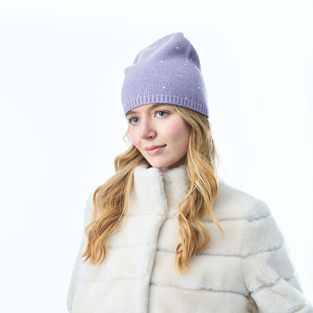 Cashmere & Lurex Long Slouchy Beanie w. Scattered Crystals- Light Purple