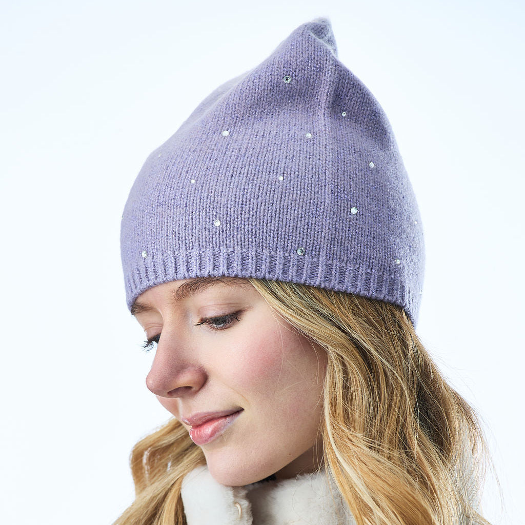 Cashmere & Lurex Long Slouchy Beanie w. Scattered Crystals- Light Purple