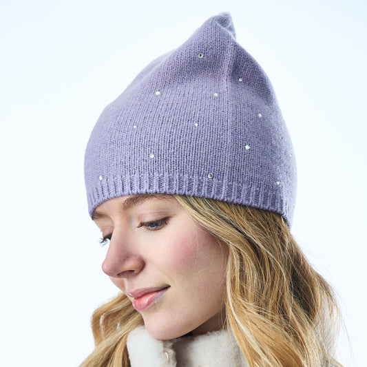 Cashmere & Lurex Long Slouchy Beanie w. Scattered Crystals- Light Purple