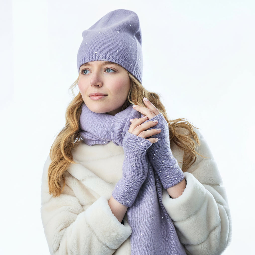 Cashmere and Lurex Short Fingerless Gloves w. Scattered Crystals- Light Purple