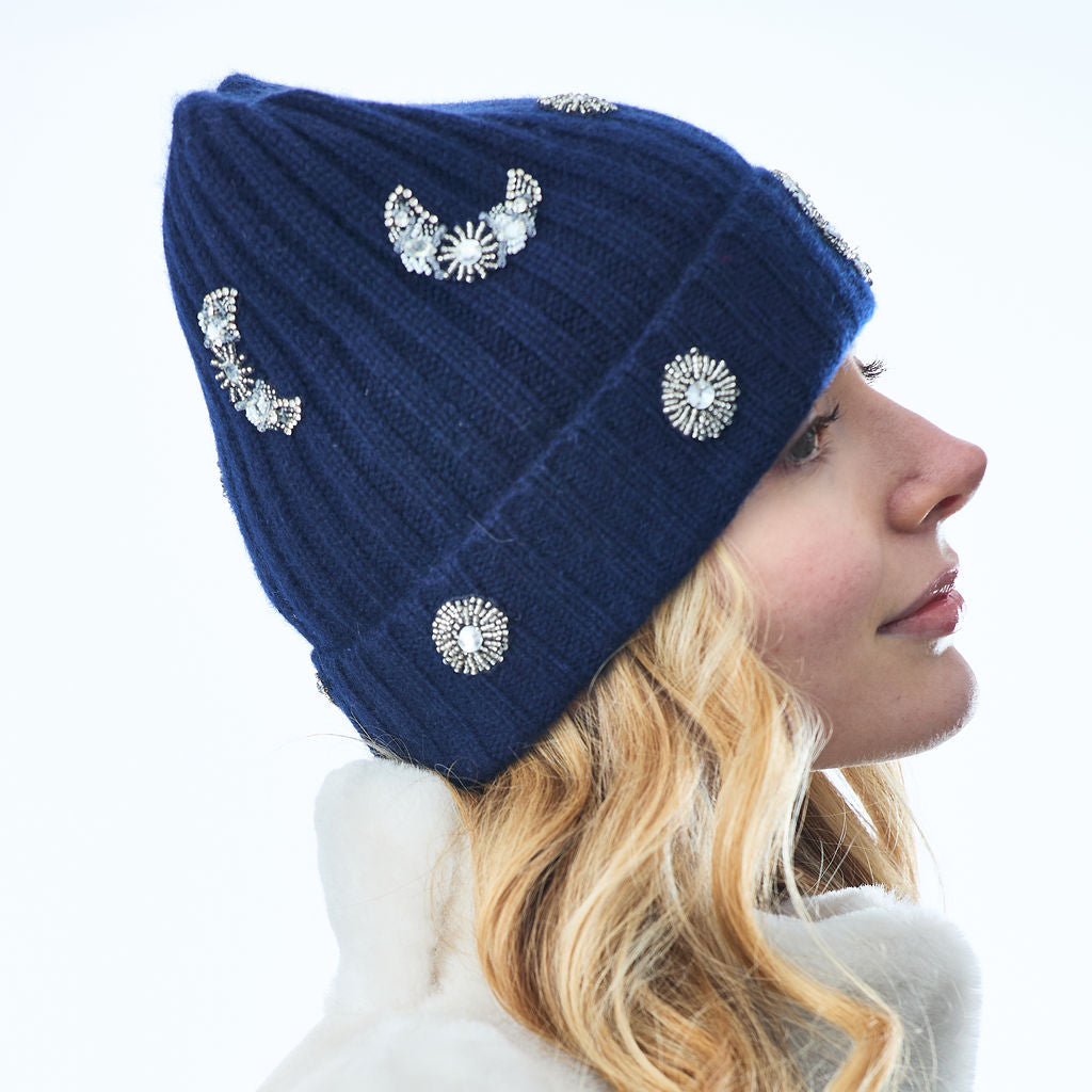 Cashmere Chunky Ribbed Cuffed Beanie w. Moon and Stars- Navy