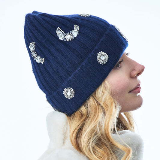 Cashmere Chunky Ribbed Cuffed Beanie w. Moon and Stars- Navy