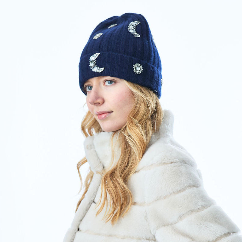 Cashmere Chunky Ribbed Cuffed Beanie w. Moon and Stars- Navy