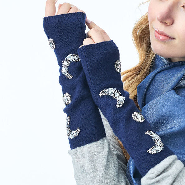 Cashmere Long Fingerless Gloves w. Embroidered Moon and Stars- Navy