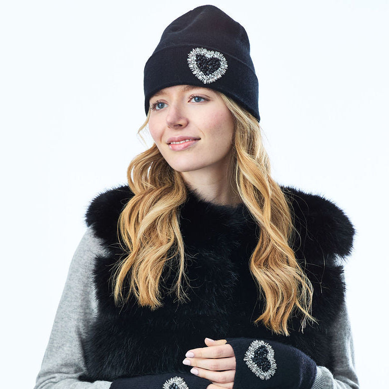 Cashmere Jersey Knit Cuffed Beanie w. Hand Embroidered Black Heart