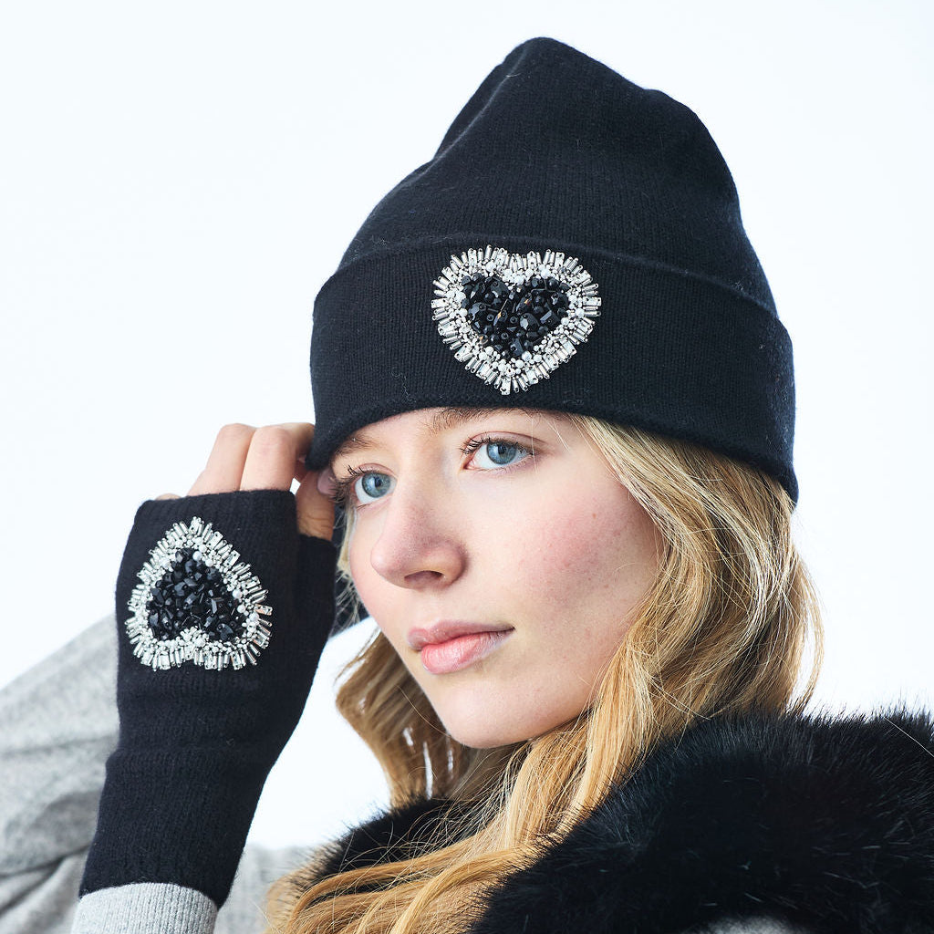 Cashmere Jersey Knit Cuffed Beanie w. Hand Embroidered Black Heart