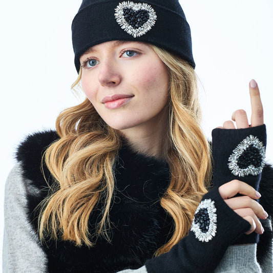 Cashmere Short Fingerless Gloves w. Hand Embroidered Black Hearts