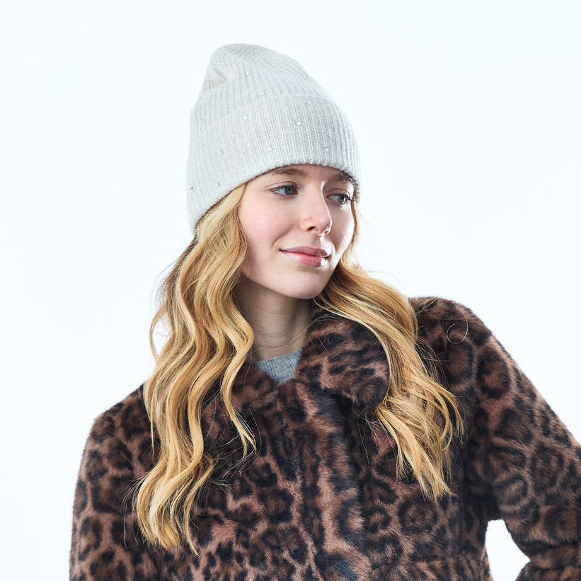 Cashmere & Lurex Ribbed Cuffed Beanie w. Scattered Crystals- Whisper White