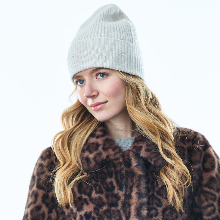Cashmere & Lurex Ribbed Cuffed Beanie w. Scattered Crystals- Whisper White