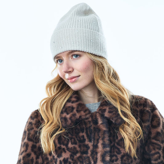 Cashmere & Lurex Ribbed Cuffed Beanie w. Scattered Crystals- Whisper White