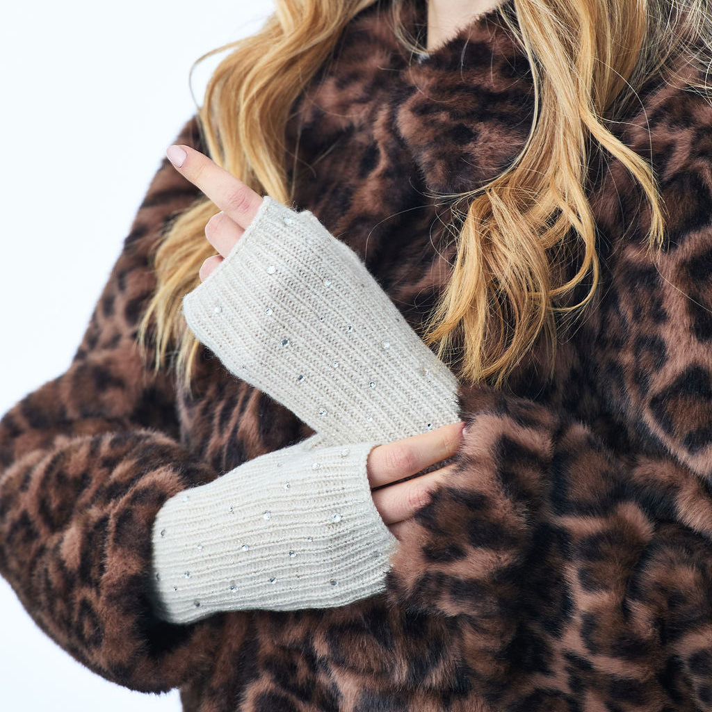 Cashmere and Lurex Short Fingerless Gloves w. Scattered Crystals- Whisper White
