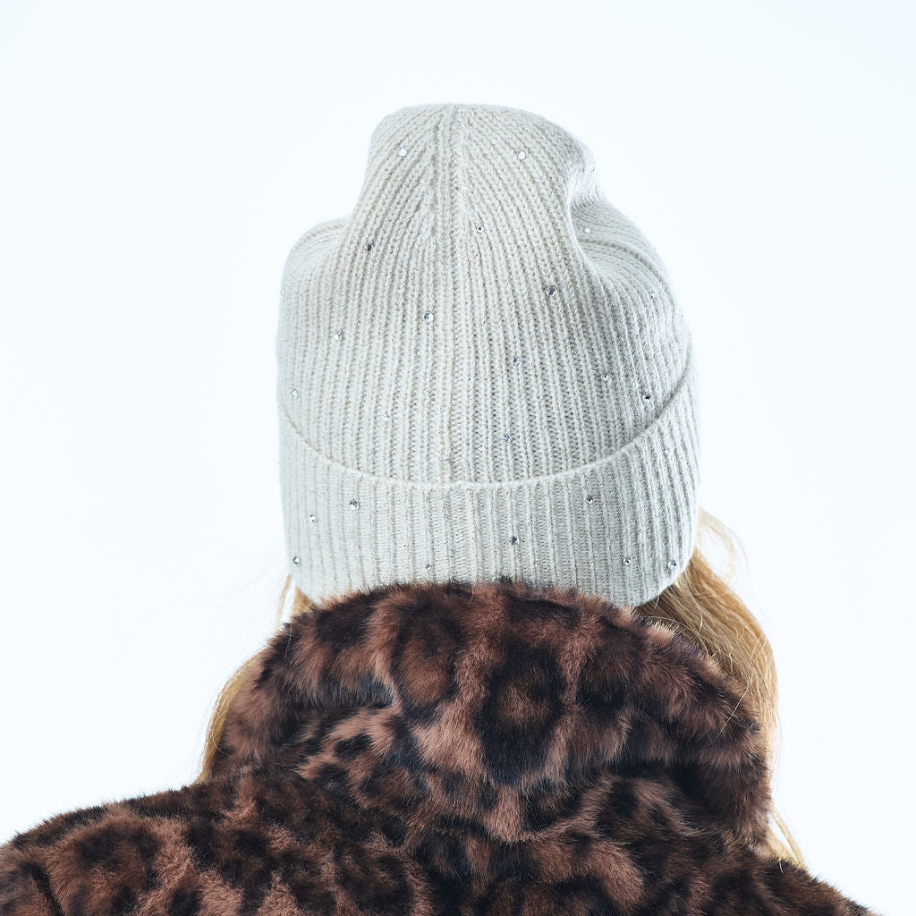 Cashmere & Lurex Ribbed Cuffed Beanie w. Scattered Crystals- Whisper White