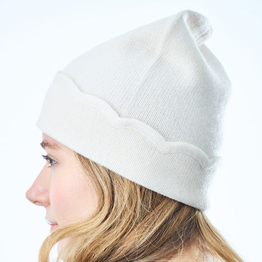 Scalloped Cashmere Beanie -White